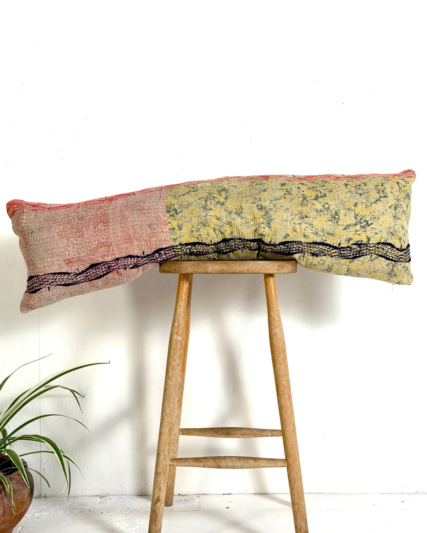 Vintage Kantha Bolster Cushion Cover In Green and Pink With Embroidery 30 x 100cm