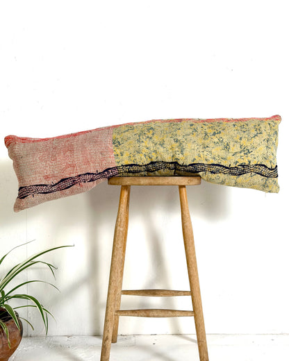 Vintage Kantha Bolster Cushion Cover In Green and Pink With Embroidery 30 x 100cm