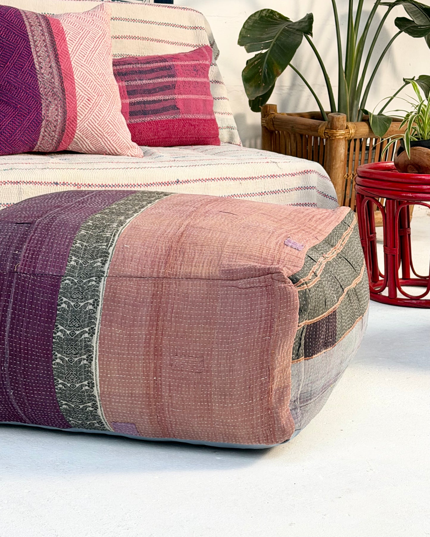 Extra Large Square Kantha Pouf Cushion Cover With Blue and Grey Stripes