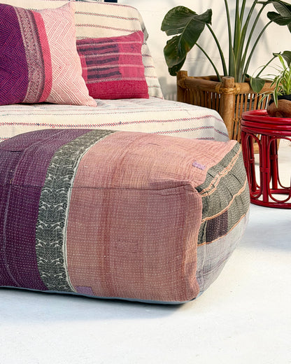 Extra Large Square Kantha Pouf Cushion Cover With Blue and Grey Stripes