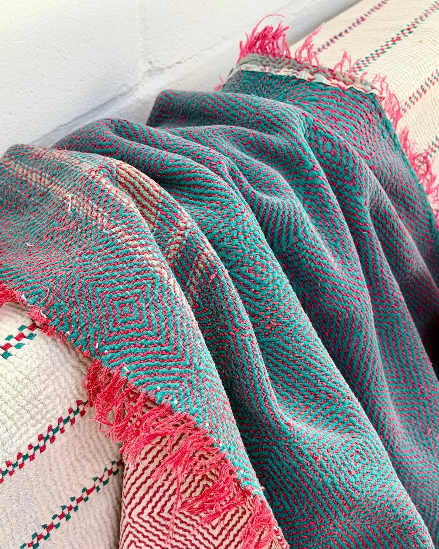 Large Heavy Kantha Blanket Quilt With Lik Phul Stitching In Forest Green and Pink - Biggs & Hill