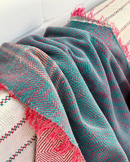 Large Heavy Kantha Blanket Quilt With Lik Phul Stitching In Forest Green and Pink - Biggs & Hill