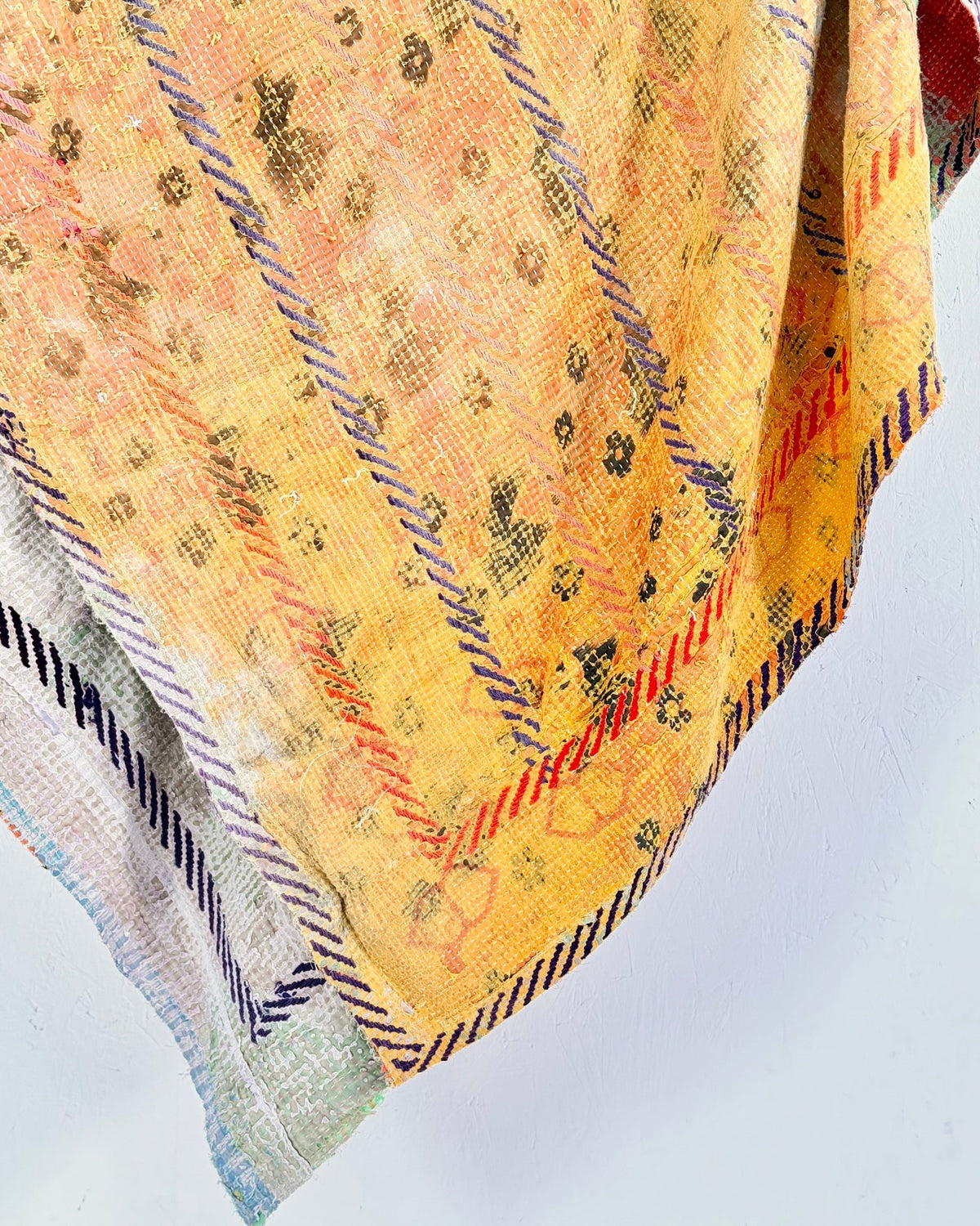 Large Embroidered Vintage Kantha Quilt in Yellow and Light Green - Biggs & Hill