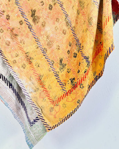 Large Embroidered Vintage Kantha Quilt in Yellow and Light Green - Biggs & Hill