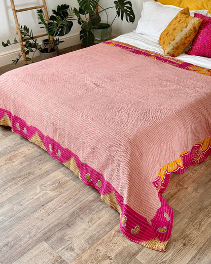 Large Fine Stitched Vintage Kantha Quilt in Pink and Peachy Orange - Biggs & Hill