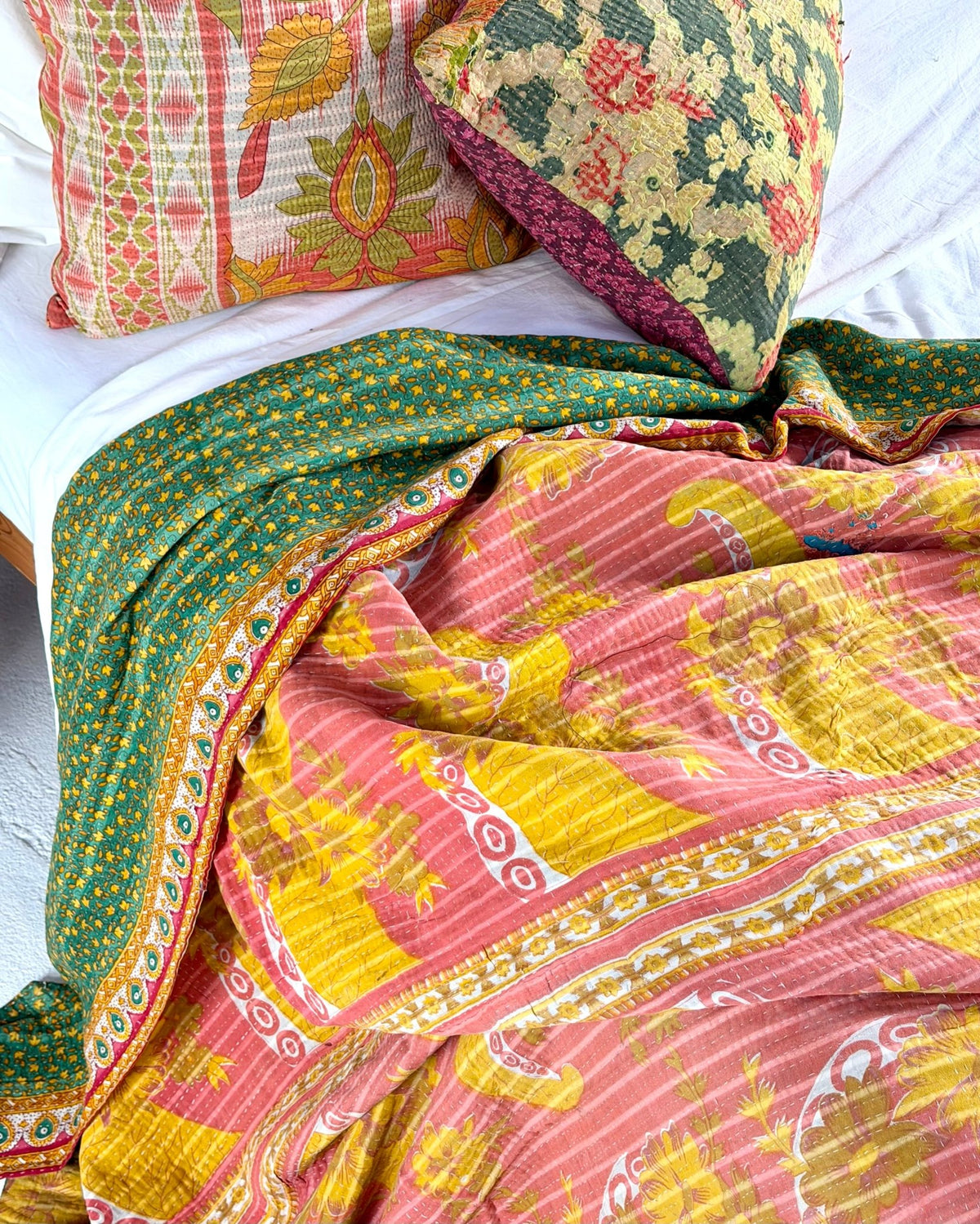 Extra Large Fine Stitched Vintage Kantha Quilt in Pink, Yellow and Green - Biggs & Hill