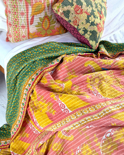 Extra Large Fine Stitched Vintage Kantha Quilt in Pink, Yellow and Green - Biggs & Hill