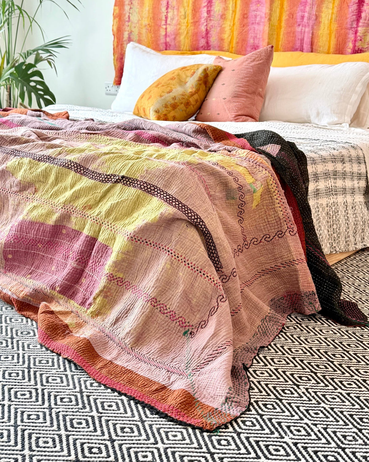 Extra Large Fine Stitched Embroidered Vintage Kantha Quilt in Pink and Brown - [studio pictures] - Biggs & Hill