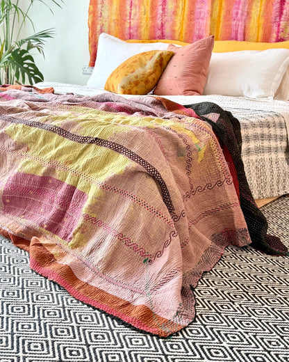 Extra Large Fine Stitched Embroidered Vintage Kantha Quilt in Pink and Brown - [studio pictures] - Biggs & Hill