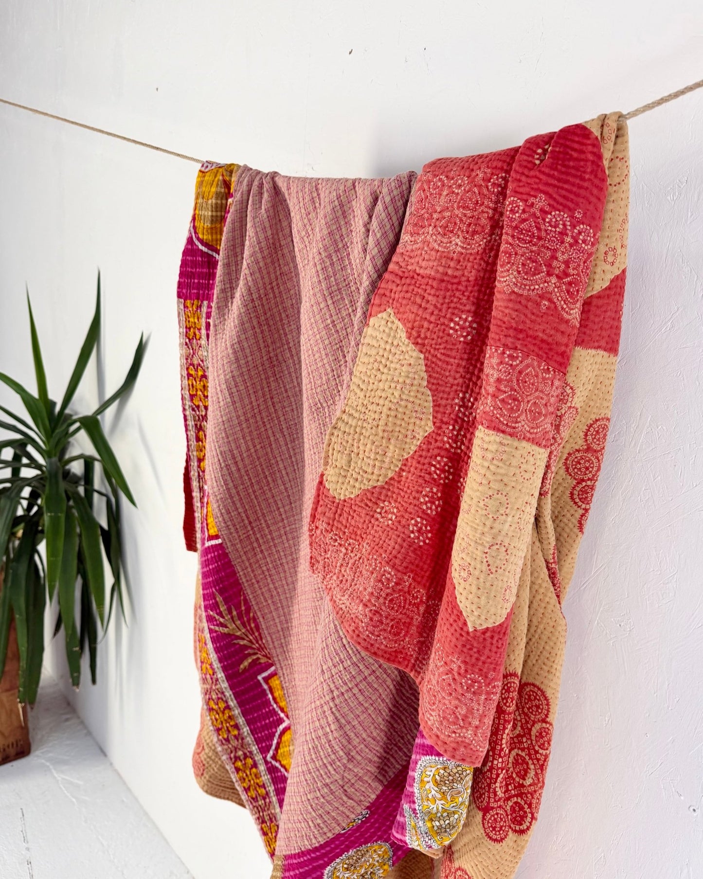 Large Fine Stitched Vintage Kantha Quilt in Pink and Peachy Orange - Biggs & Hill