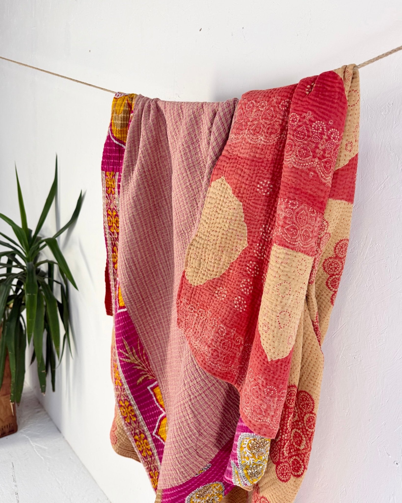Large Fine Stitched Vintage Kantha Quilt in Pink and Peachy Orange - Biggs & Hill