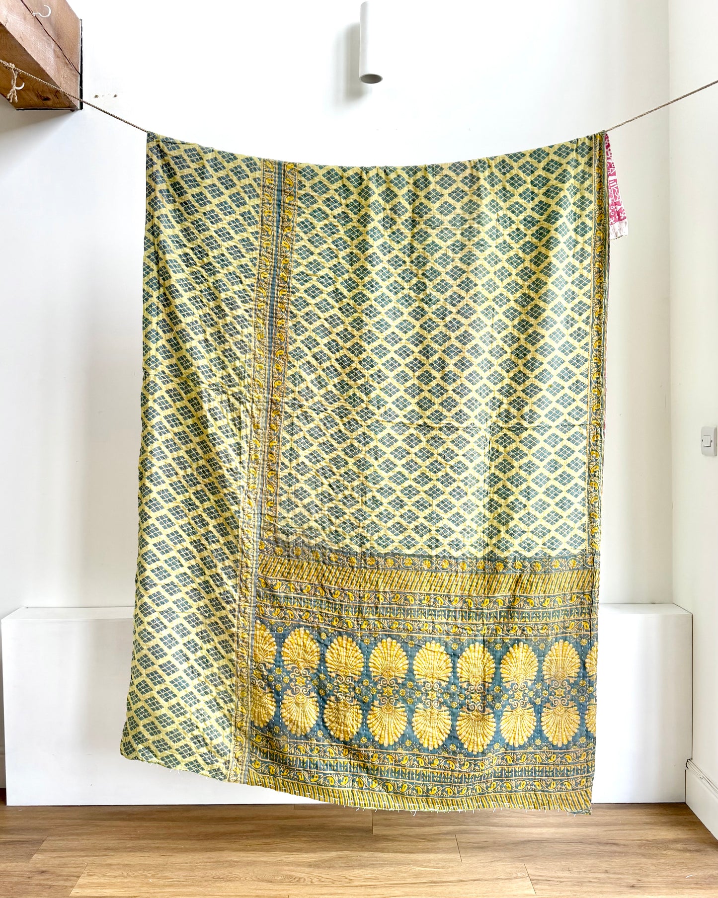 Vintage Cotton Kantha Quilt In Green and Pink #45