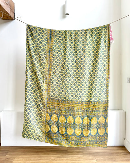 Vintage Cotton Kantha Quilt In Green and Pink #45
