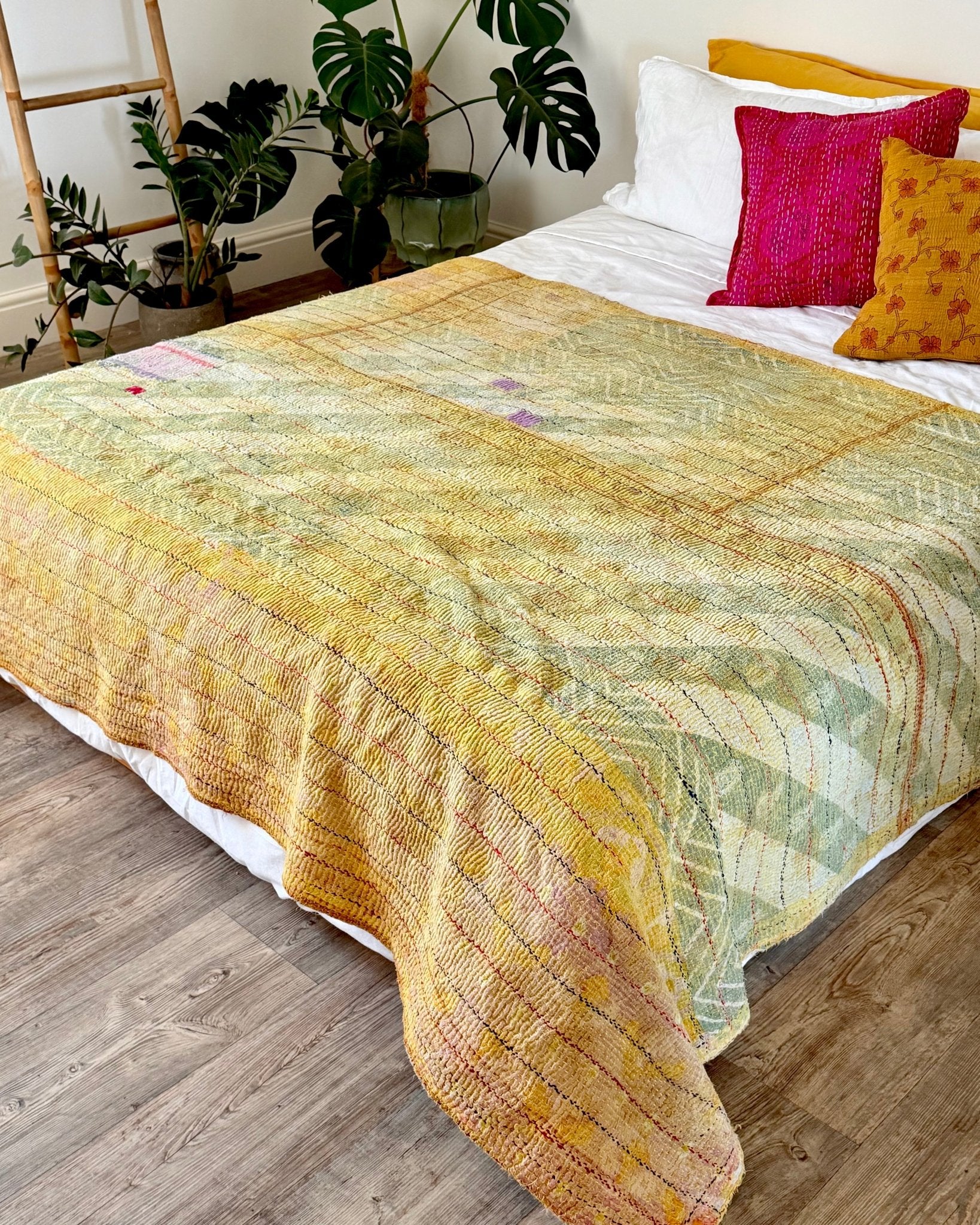 Large Textured Vintage Kantha Quilt In Abstract Pink, Purple and Yellow - Biggs & Hill