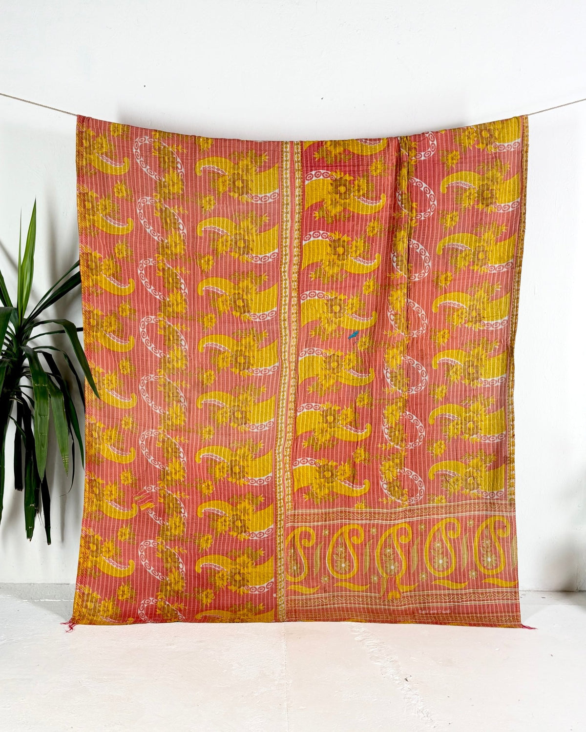 Extra Large Fine Stitched Vintage Kantha Quilt in Pink, Yellow and Green - Biggs & Hill