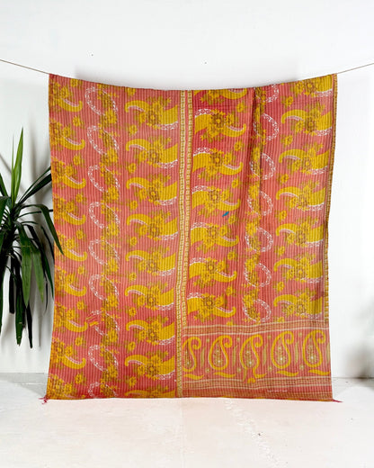 Extra Large Fine Stitched Vintage Kantha Quilt in Pink, Yellow and Green - Biggs & Hill