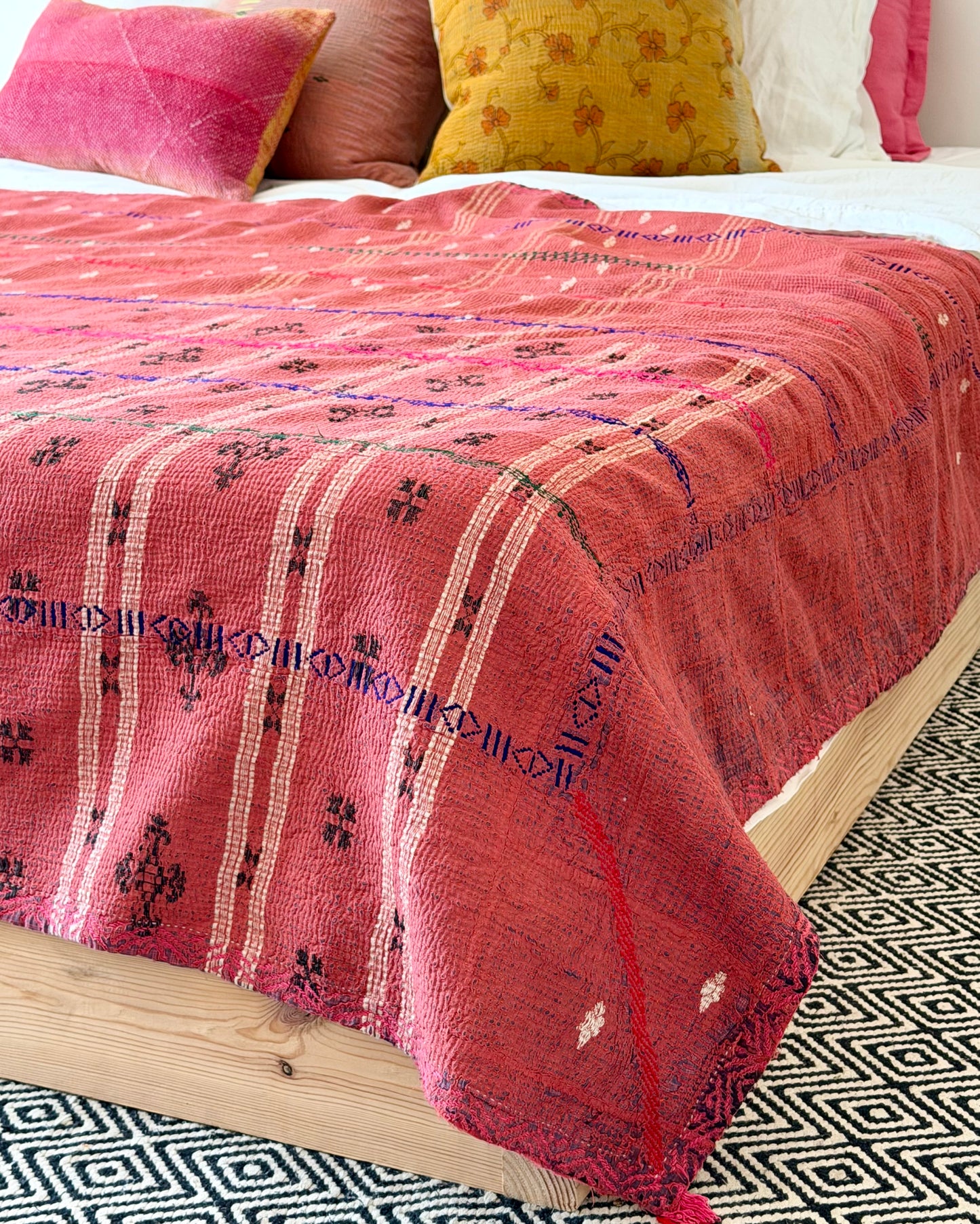 Extra Large Embroidered Vintage Kantha Quilt in Deep Red