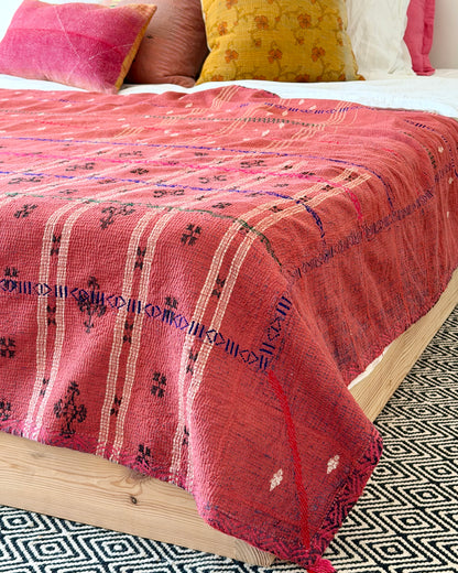 Extra Large Embroidered Vintage Kantha Quilt in Deep Red