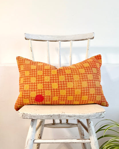 Vintage Kantha Cushion In Pink and Yellow - Small Rectangular