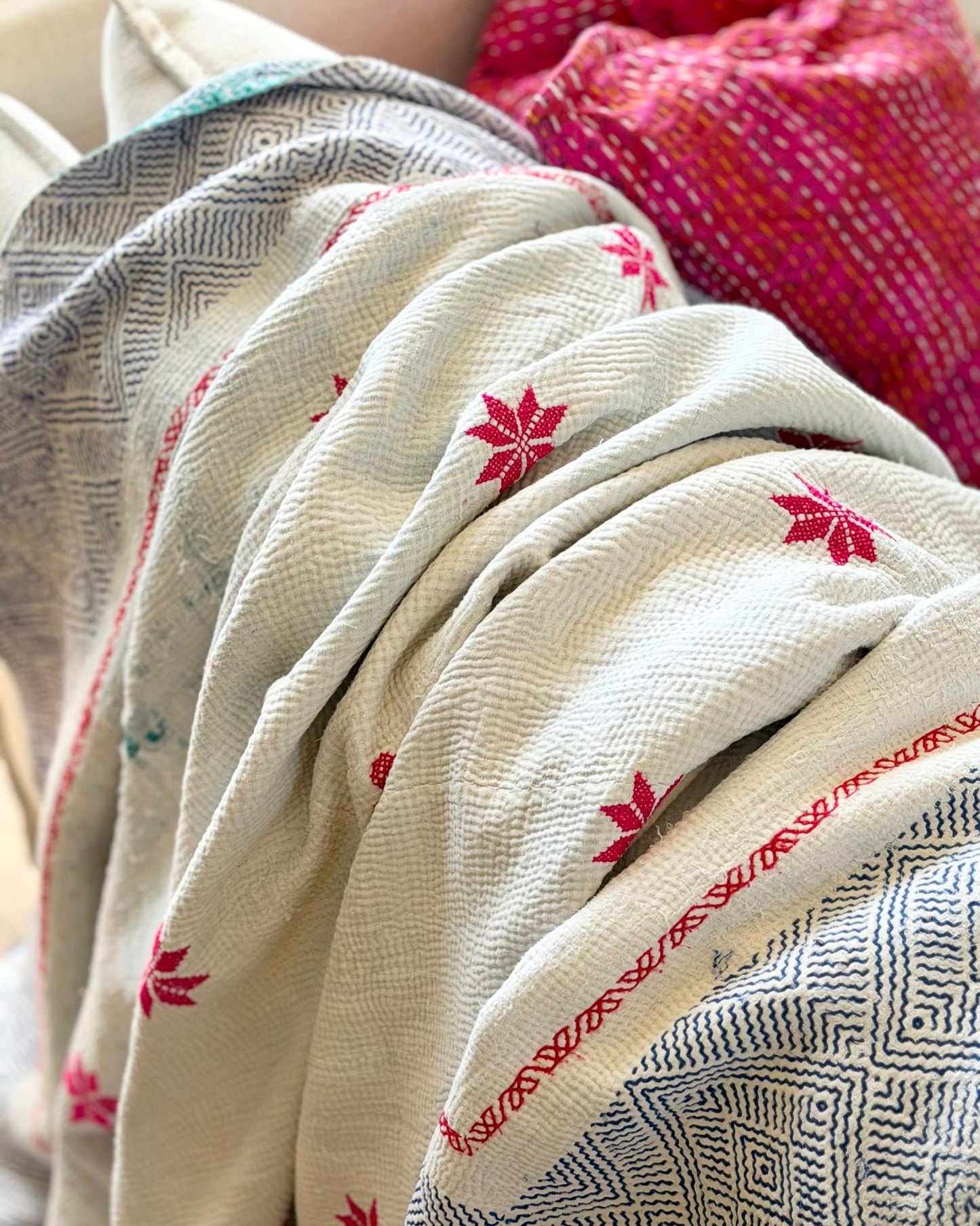 Star Embroidered Vintage Kantha Quilt in White and Pink - Biggs & Hill