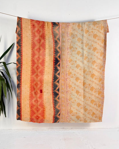 Fine Stitched Vintage Kantha Quilt in Beige and Orange Zig Zags - Biggs & Hill