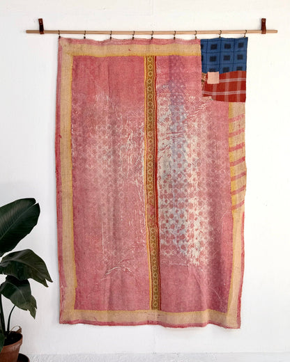 Large Textured Vintage Kantha Quilt In Yellow and Pink - Biggs & Hill