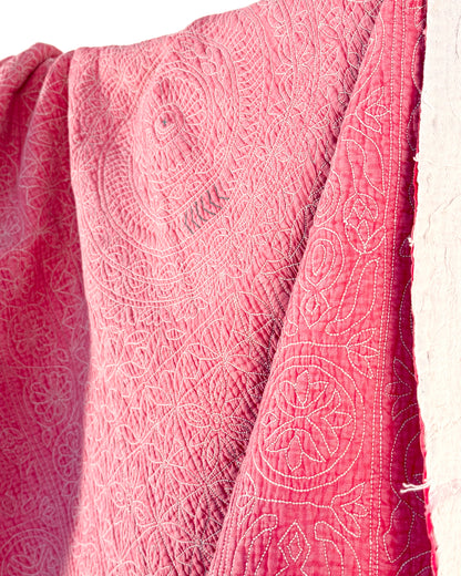 Embroidered Sujini Vintage Kantha Quilt In Faded Pink With Lotus Flower