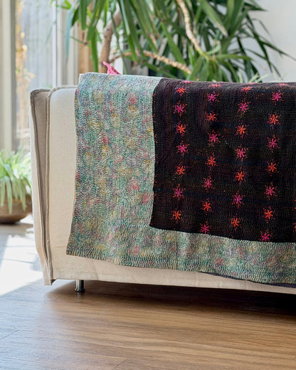 Vintage Embroidered Ralli Quilt in Black and Blue