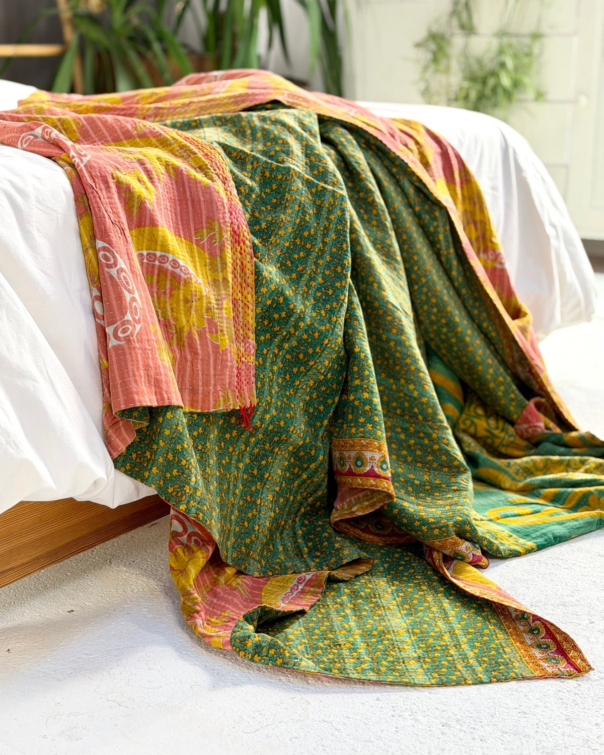 Extra Large Fine Stitched Vintage Kantha Quilt in Pink, Yellow and Green - Biggs & Hill