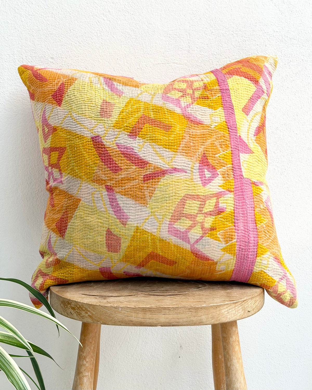 Handmade Reversible Vintage Kantha Cushion Cover In Pink and Yellow - 45cm (18") - Biggs & Hill