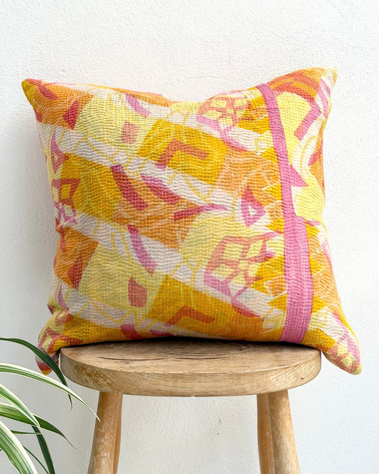 Handmade Reversible Vintage Kantha Cushion Cover In Pink and Yellow - 45cm (18") - Biggs & Hill