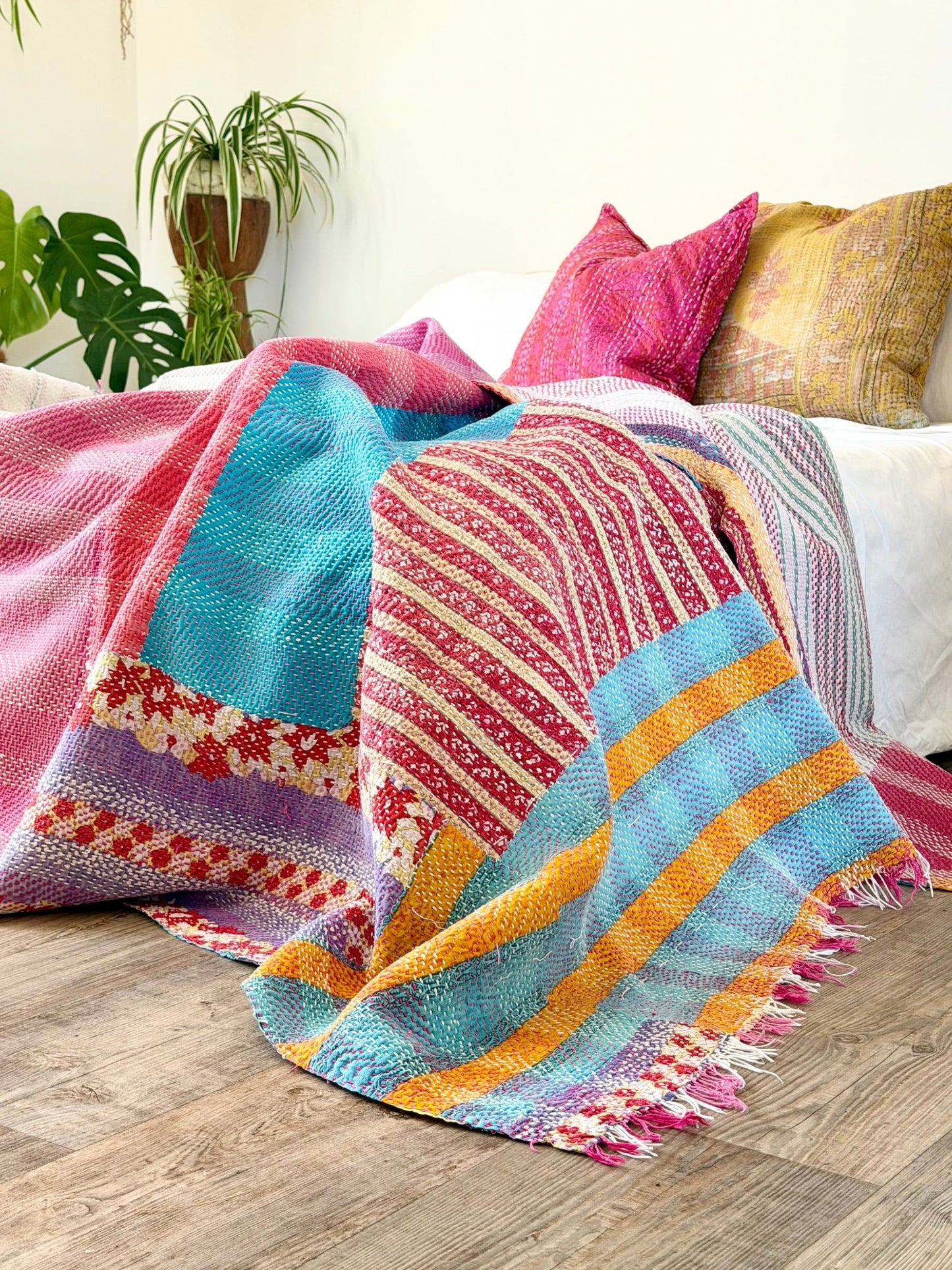Heavy Kantha Blanket Quilt In Orange, Pink and Blue Colour Blocks - Biggs & Hill