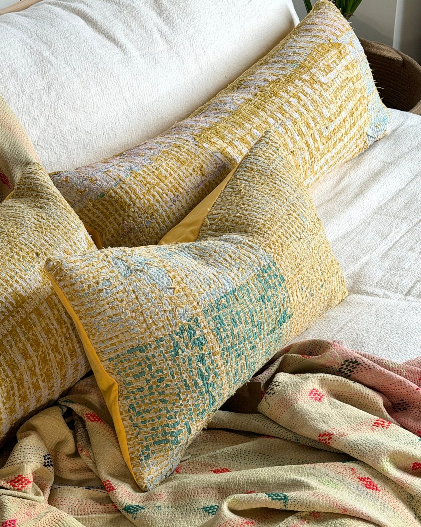 Vintage Kantha Bolster Cushion In Yellow 03 - Biggs & Hill
