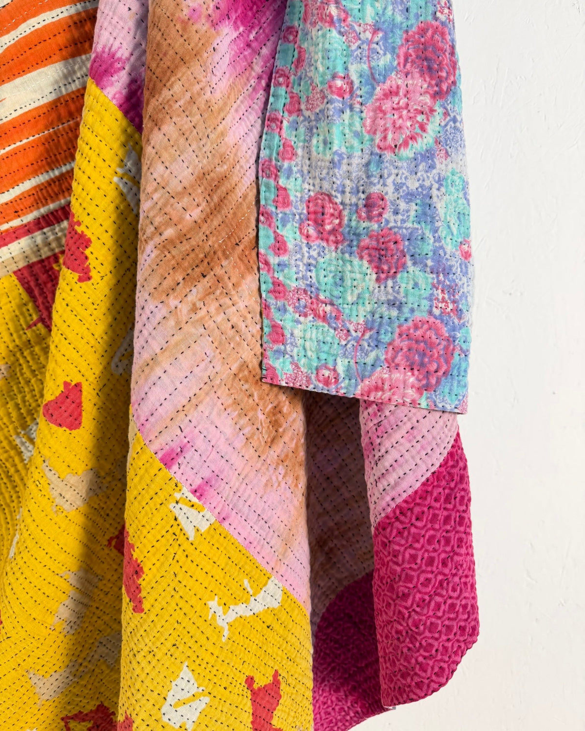 Extra Large Fine Stitched Vintage Kantha Quilt in Vibrant Multicolour Patterns - Biggs & Hill