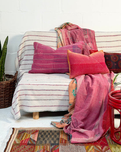 Handmade Vintage Kantha Cushion Cover In Pink With Embroidered Stripes - Large Rectangular