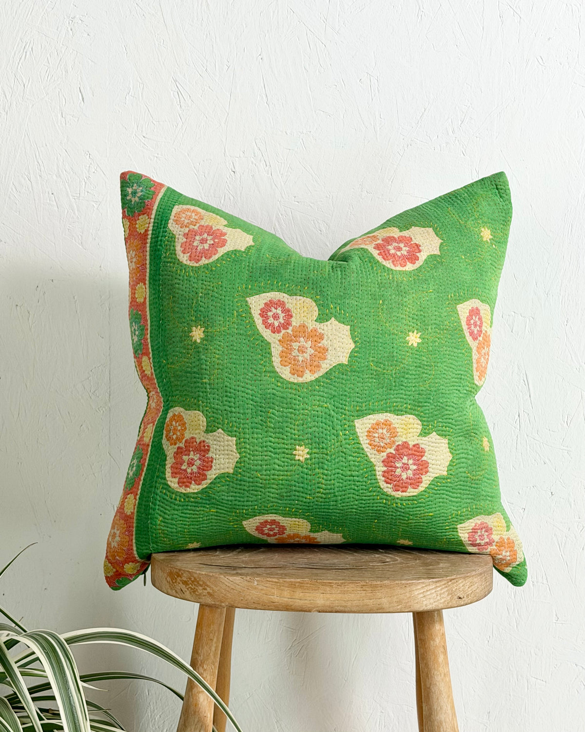 Handmade Vintage Kantha Cushion Cover In Green Floral - 45cm (18") Square