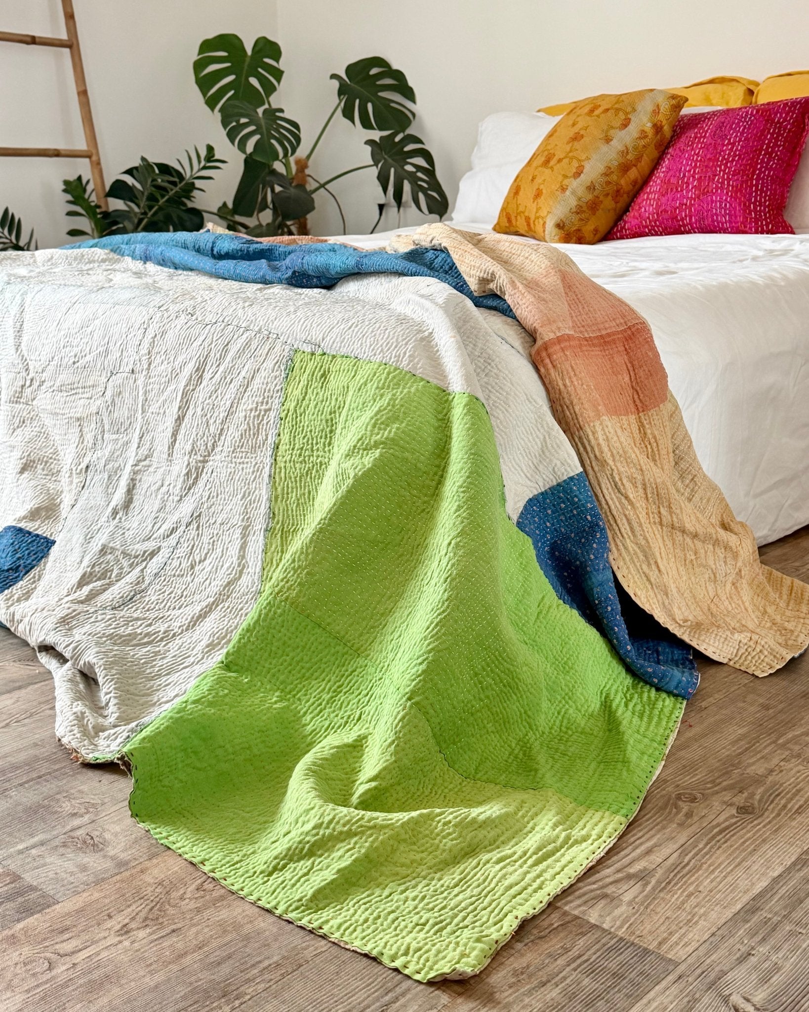 Fine Stitched Vintage Kantha Quilt in Patchwork Blue, White and Green - Biggs & Hill