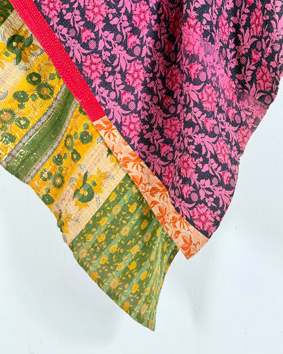 Large Fine Stitched Vintage Kantha Quilt in Bright Pink and Green - Biggs & Hill