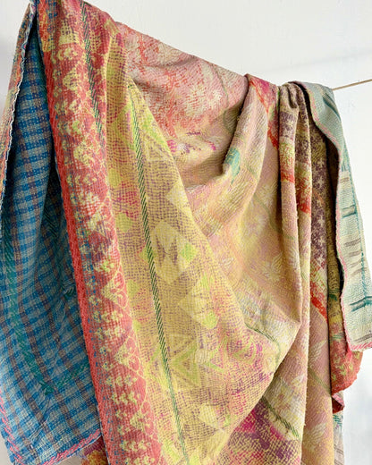 Large Textured Vintage Kantha Quilt In Soft Yellow, Green, Pink and Blue - Biggs & Hill