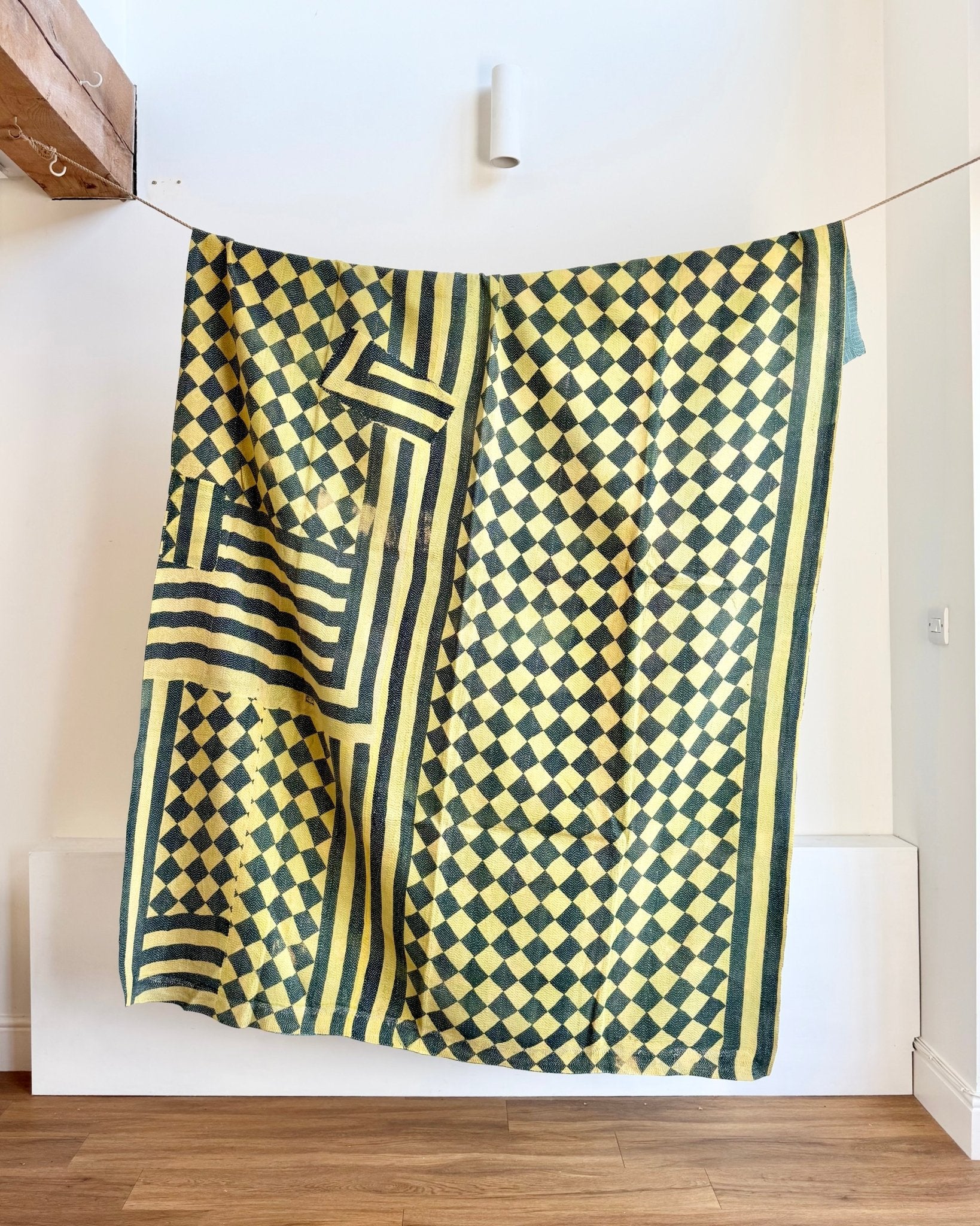 Large Fine Stitched Vintage Kantha Quilt in Diamond Pattern Yellow and Green - Biggs & Hill