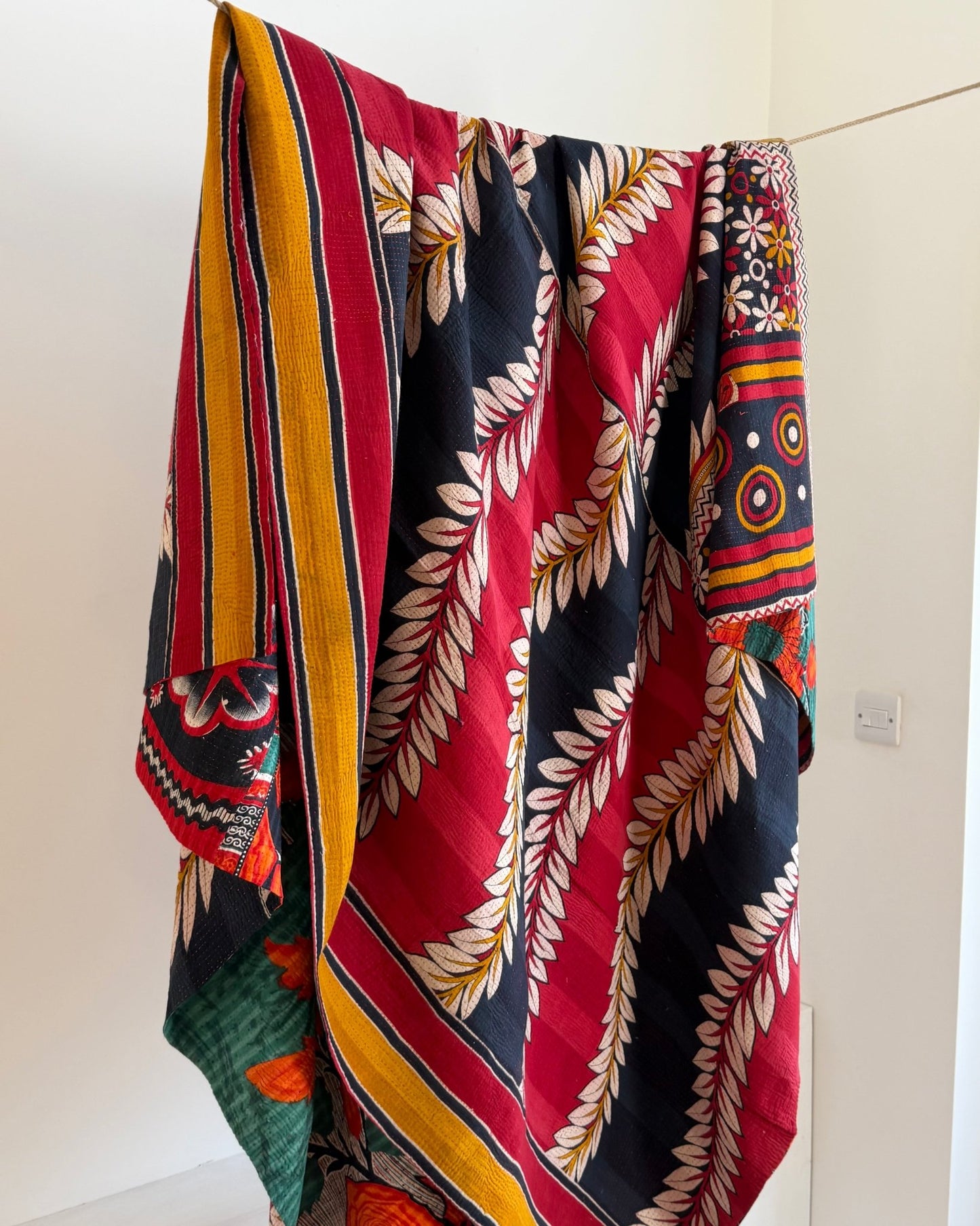 Extra Large Fine Stitched Vintage Kantha Quilt in Red, Navy and Green - Biggs & Hill