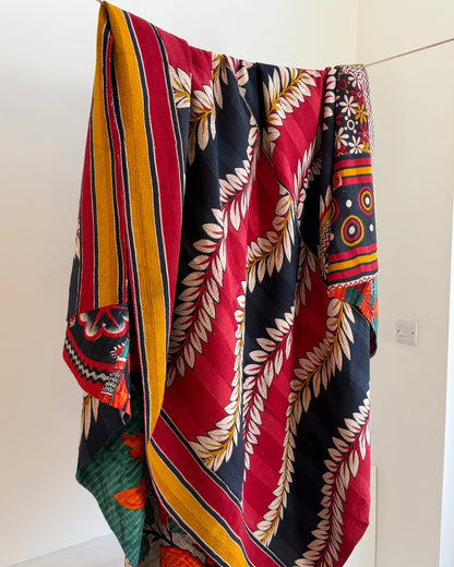 Extra Large Fine Stitched Vintage Kantha Quilt in Red, Navy and Green - Biggs & Hill