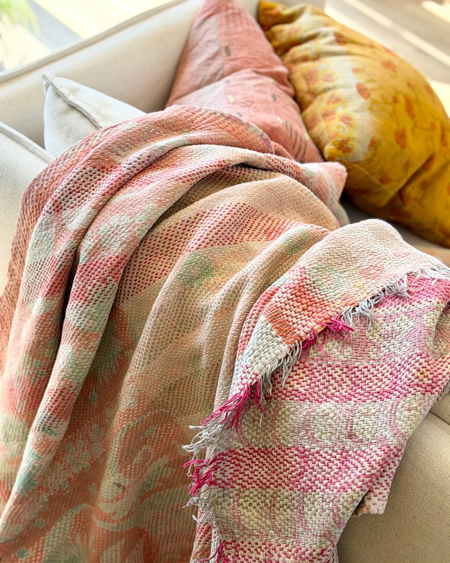 Heavy Kantha Blanket Quilt With Pink Stripes - Biggs & Hill