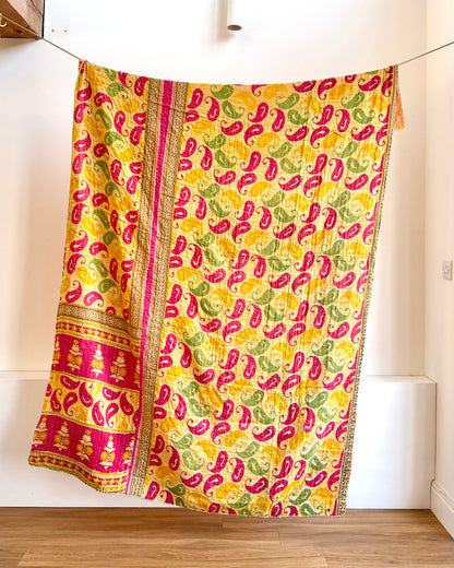 Vintage Cotton Kantha Quilt In Yellow And Pink #39
