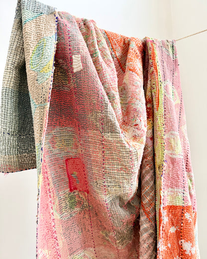 Vintage Kantha Quilt in Pink, Orange and Blue