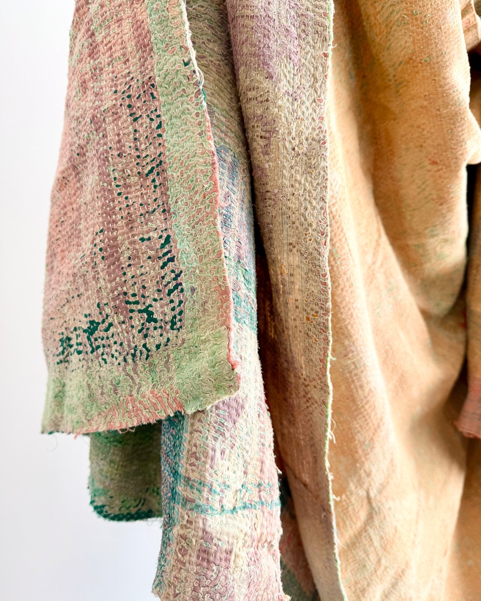 Project Kantha Quilt: Pink, Yellow and Green With Authentic Aged Texture - Biggs & Hill