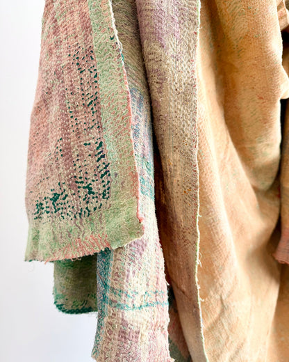 Project Kantha Quilt: Pink, Yellow and Green With Authentic Aged Texture - Biggs & Hill