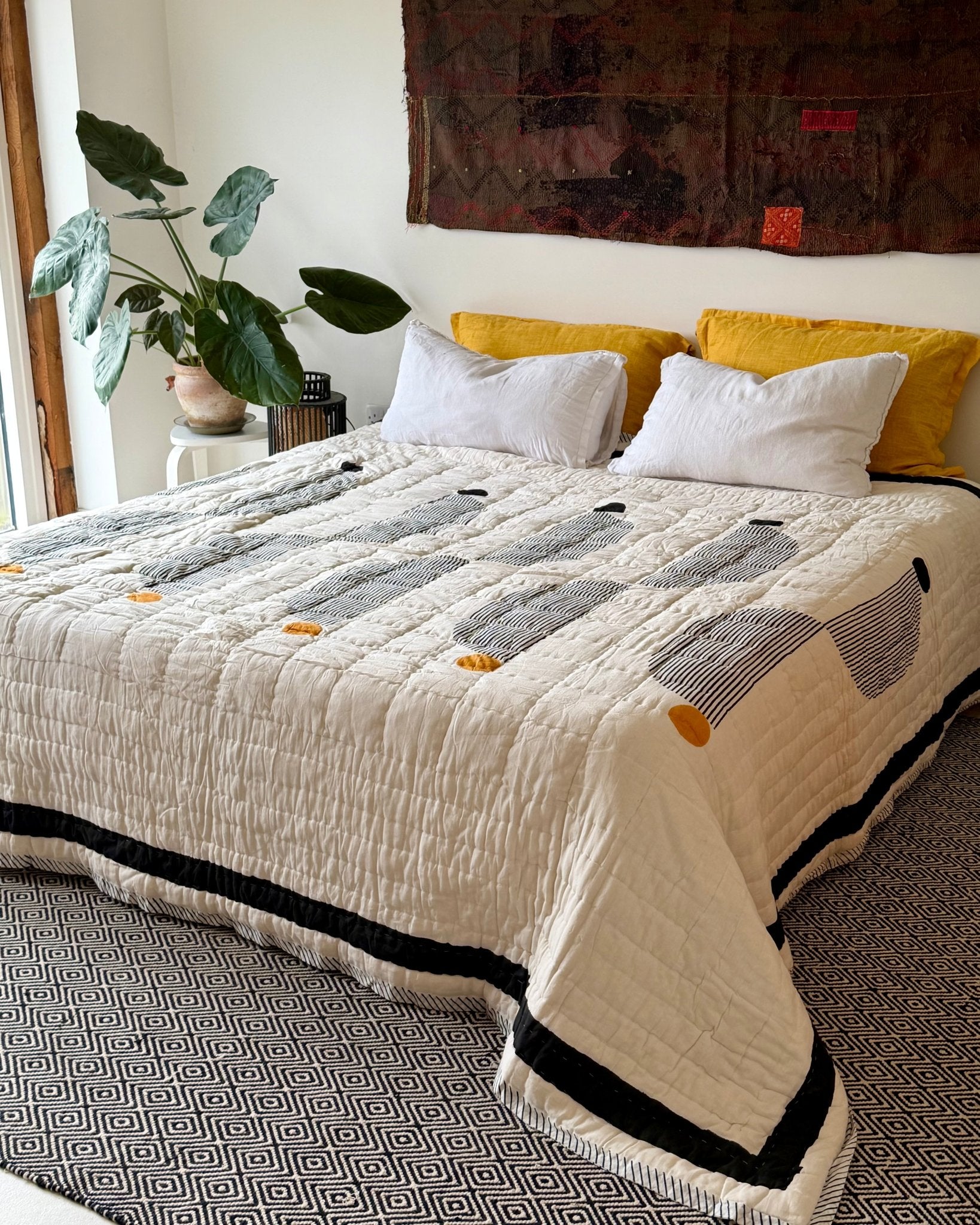 Quilted Kantha In Black, White and Orange With Geometric Squares - SUPER KING - Biggs & Hill