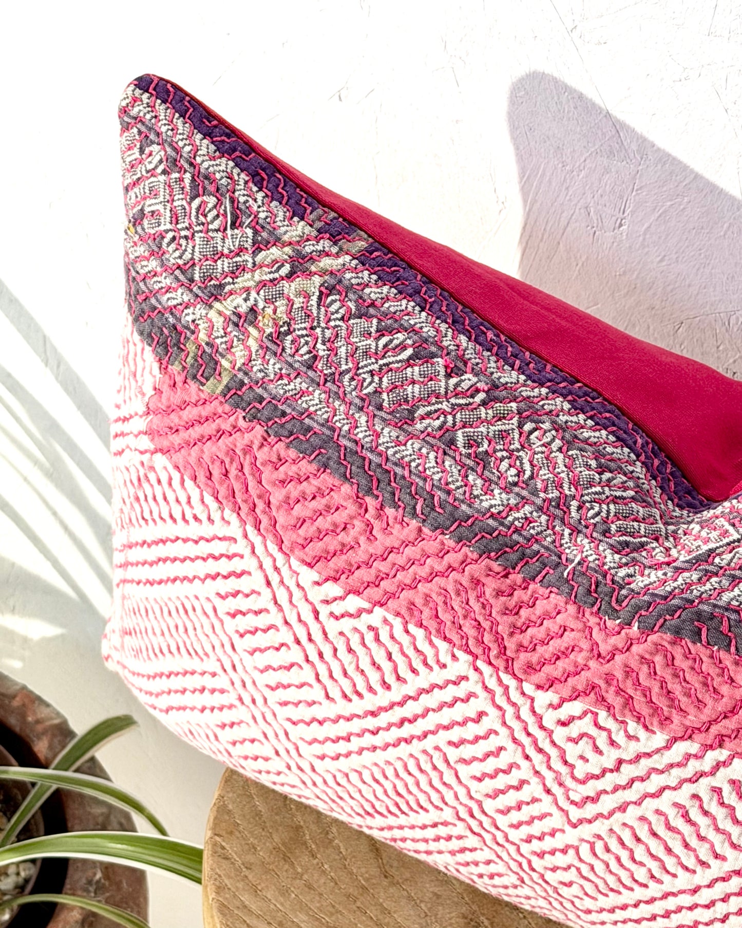Vintage Kantha Cushion Cover In Pink and Purple - Small Rectangular