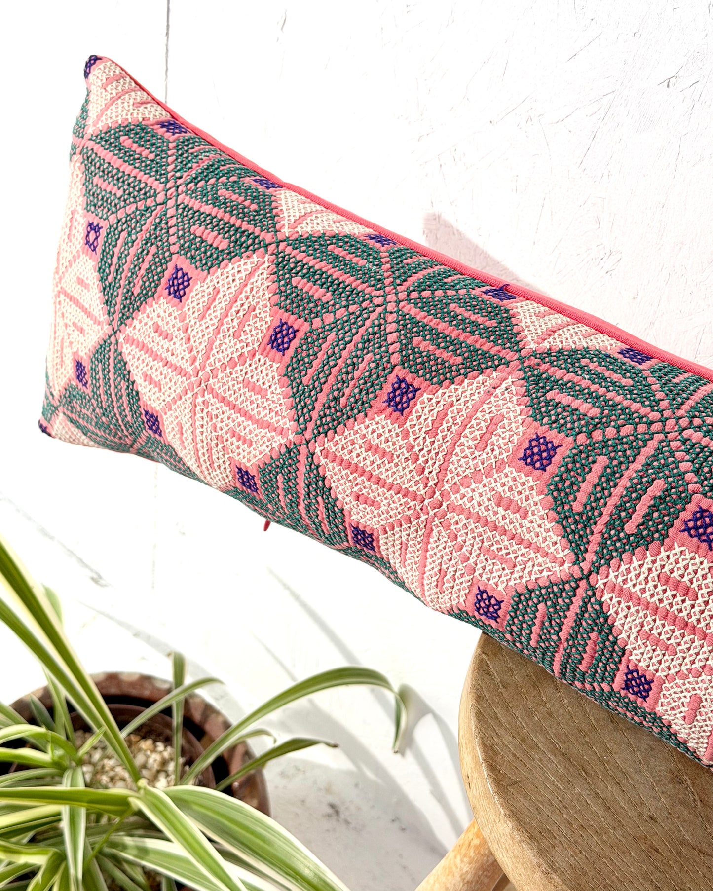 Vintage Kantha Bolster Cushion Cover With Galichi Kantha Stitching - 100cm